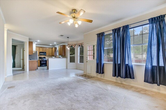 13022 Hunters Chase Dr, Austin, TX 78729 - unfurnished living room with crown molding, ceiling fan, baseboards, light carpet, and recessed lighting