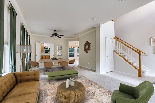 13022 Hunters Chase Dr, Austin, TX 78729 - living room with ornamental molding, stairway, carpet floors, and a ceiling fan