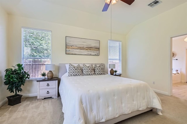 2835 Checker Dr, Cedar Park, TX 78613 - bedroom featuring light carpet, vaulted ceiling, and a ceiling fan