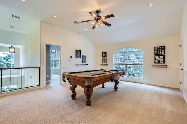 2835 Checker Dr, Cedar Park, TX 78613 - rec room featuring healthy amount of natural light, light carpet, a ceiling fan, pool table, and vaulted ceiling