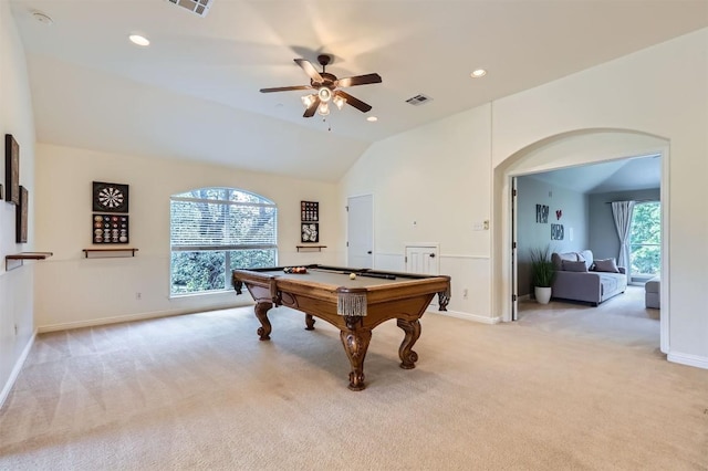2835 Checker Dr, Cedar Park, TX 78613 - recreation room with light colored carpet, a ceiling fan, billiards table, vaulted ceiling, and arched walkways