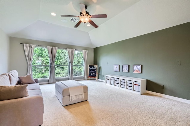 2835 Checker Dr, Cedar Park, TX 78613 - carpeted living area with ceiling fan, lofted ceiling, and recessed lighting
