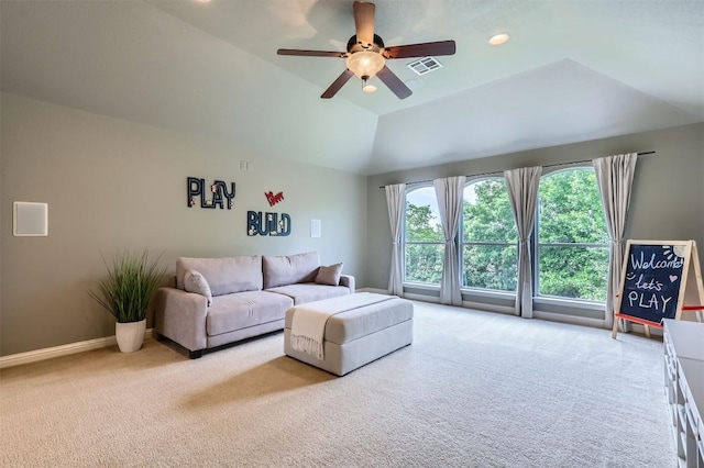2835 Checker Dr, Cedar Park, TX 78613 - living room featuring carpet, a ceiling fan, lofted ceiling, and recessed lighting
