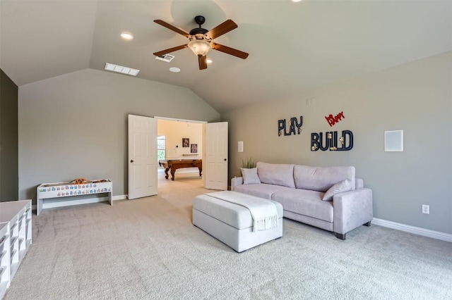 2835 Checker Dr, Cedar Park, TX 78613 - living area with ceiling fan, lofted ceiling, light colored carpet, and recessed lighting
