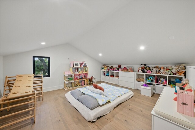 12203 Trailmaster Dr, Austin, TX 78737 - bedroom with light wood-type flooring, lofted ceiling, and recessed lighting