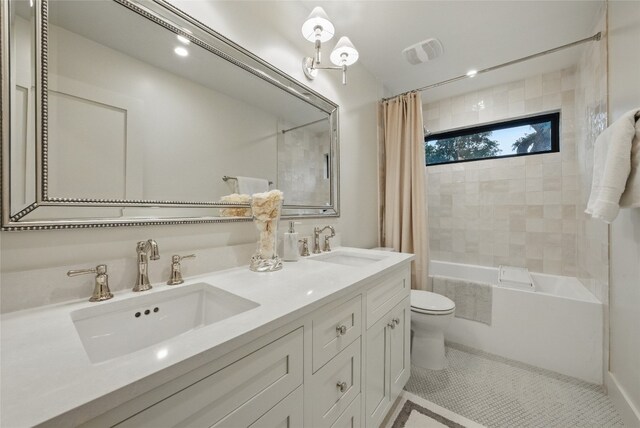 12203 Trailmaster Dr, Austin, TX 78737 - bathroom with toilet, shower / bath combo with shower curtain, double vanity, and tile patterned flooring