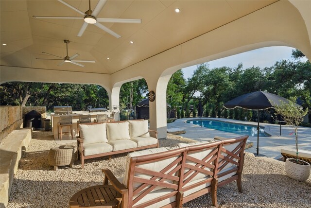 12203 Trailmaster Dr, Austin, TX 78737 - view of patio featuring a ceiling fan, outdoor lounge area, and an outdoor pool