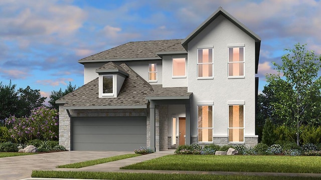 1912 Asti Ln, Leander, TX 78641 - view of front of home with stone siding, concrete driveway, stucco siding, a front lawn, and a shingled roof