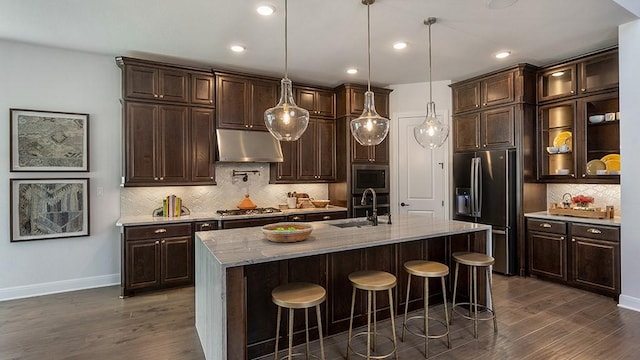 1912 Asti Ln, Leander, TX 78641 - kitchen featuring stainless steel appliances, under cabinet range hood, dark brown cabinetry, dark wood-style flooring, and recessed lighting