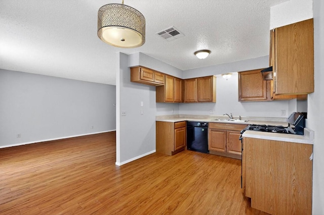 2508 Dovemeadow Dr, Austin, TX 78744 - kitchen featuring black dishwasher, light wood-style floors, brown cabinets, light countertops, and a textured ceiling