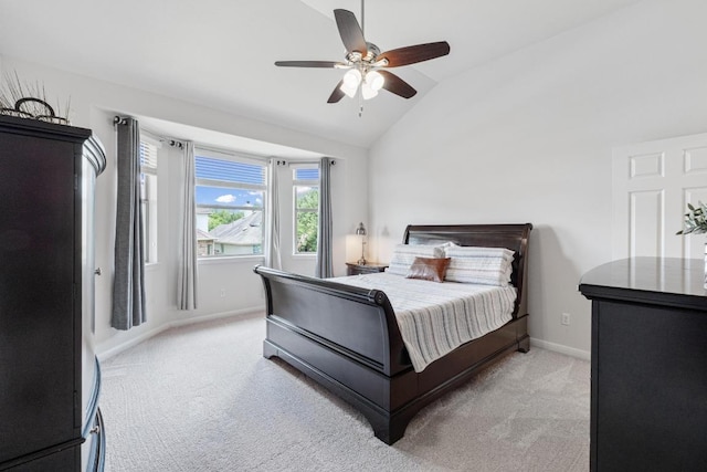 2204 Granite Hill Dr, Leander, TX 78641 - bedroom with light colored carpet, lofted ceiling, baseboards, and a ceiling fan