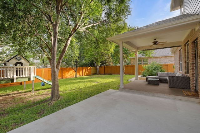 4535 Wandering Vine Trl, Round Rock, TX 78665 - view of patio with ceiling fan, a playground, and an outdoor hangout area