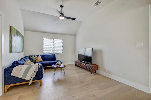 10840 Redmond Rd, Austin, TX 78739 - living room with a ceiling fan, light wood-type flooring, lofted ceiling, and baseboards
