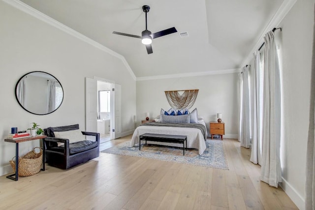 10840 Redmond Rd, Austin, TX 78739 - bedroom featuring vaulted ceiling, light wood-style floors, crown molding, baseboards, and ceiling fan