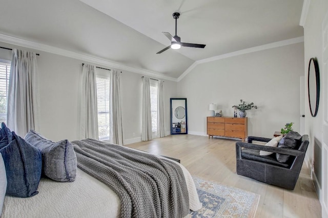 10840 Redmond Rd, Austin, TX 78739 - bedroom with crown molding, multiple windows, light wood-style floors, vaulted ceiling, and a ceiling fan