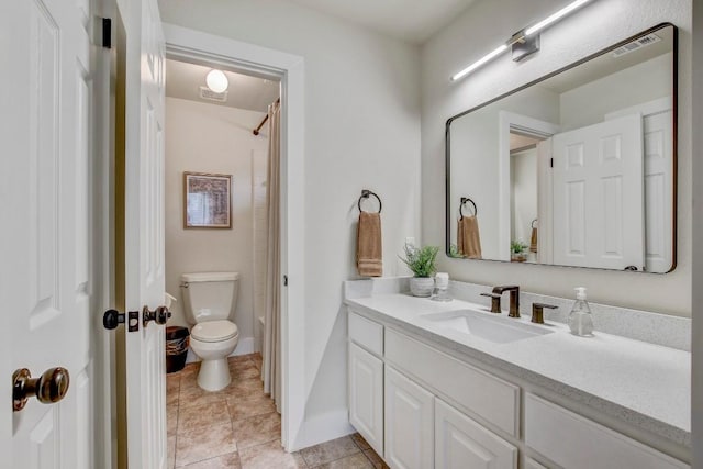 10840 Redmond Rd, Austin, TX 78739 - bathroom with vanity, toilet, tile patterned flooring, and a shower with curtain