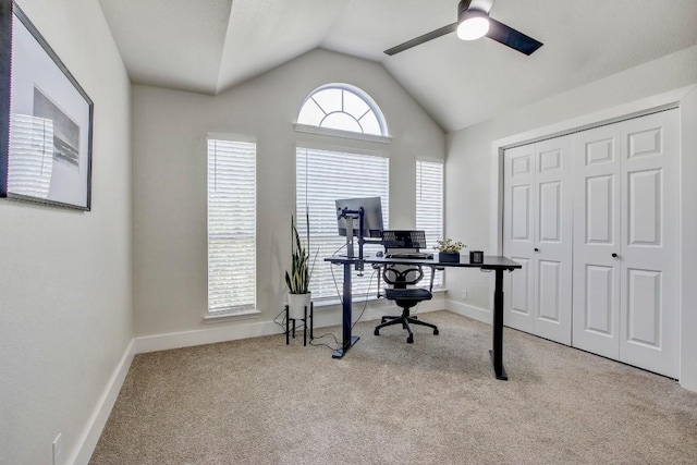 10840 Redmond Rd, Austin, TX 78739 - home office featuring lofted ceiling, carpet, a ceiling fan, and baseboards