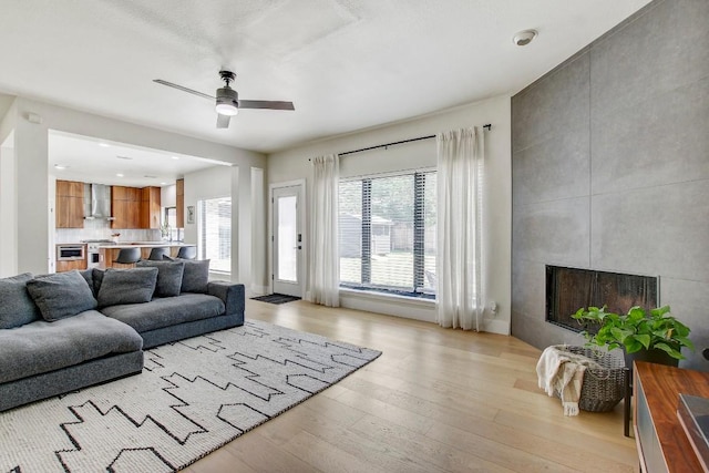 10840 Redmond Rd, Austin, TX 78739 - living area featuring a ceiling fan, light wood-style flooring, a tile fireplace, baseboards, and recessed lighting