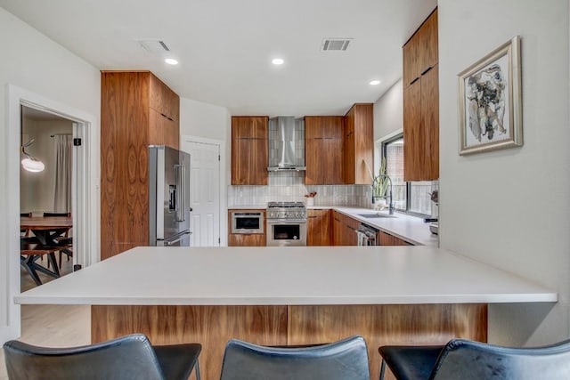10840 Redmond Rd, Austin, TX 78739 - kitchen featuring premium appliances, wall chimney range hood, a sink, light countertops, and modern cabinets