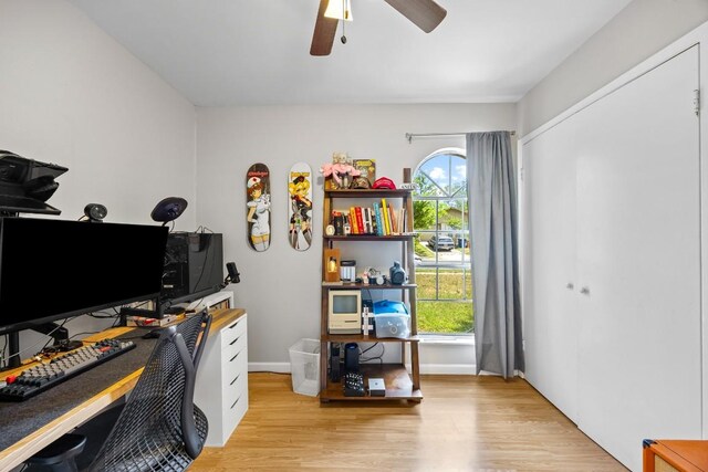 2207 Palmera Cv, Austin, TX 78744 - home office featuring ceiling fan, light wood-style flooring, and baseboards