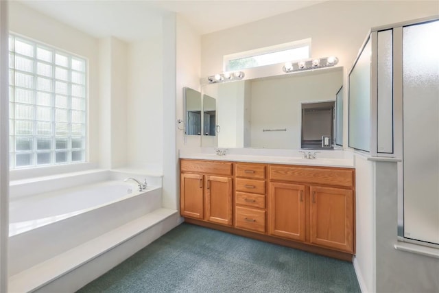 287 Red Poppy Trl, Georgetown, TX 78633 - bathroom with double vanity, a bath, and carpet flooring