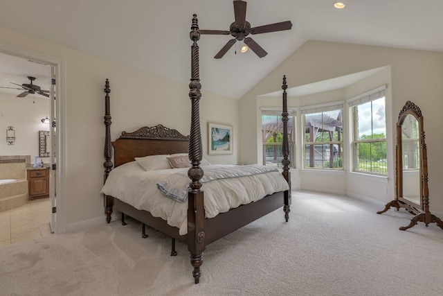 201 Thomas Ridge Rd, Burnet, TX 78611 - bedroom featuring light colored carpet, vaulted ceiling, ensuite bathroom, a ceiling fan, and recessed lighting