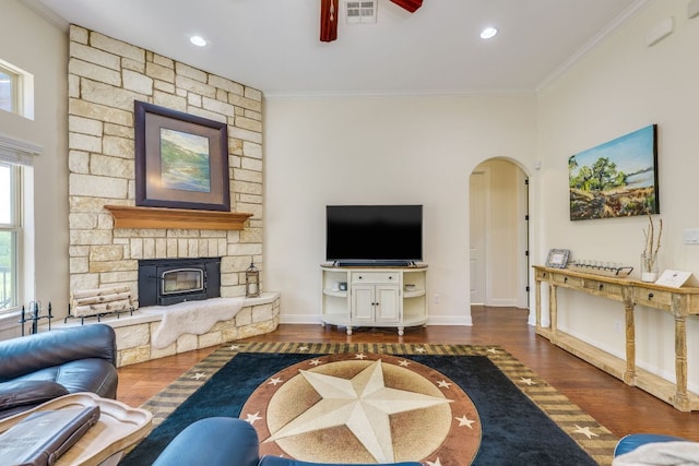 201 Thomas Ridge Rd, Burnet, TX 78611 - living room featuring arched walkways, plenty of natural light, wood finished floors, crown molding, and a fireplace