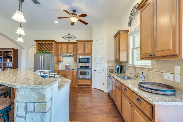 201 Thomas Ridge Rd, Burnet, TX 78611 - kitchen featuring stainless steel appliances, a sink, a ceiling fan, light stone counters, and dark wood finished floors