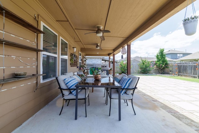 17020 Lathrop Ave, Pflugerville, TX 78660 - fenced backyard featuring outdoor dining space, a patio, and ceiling fan
