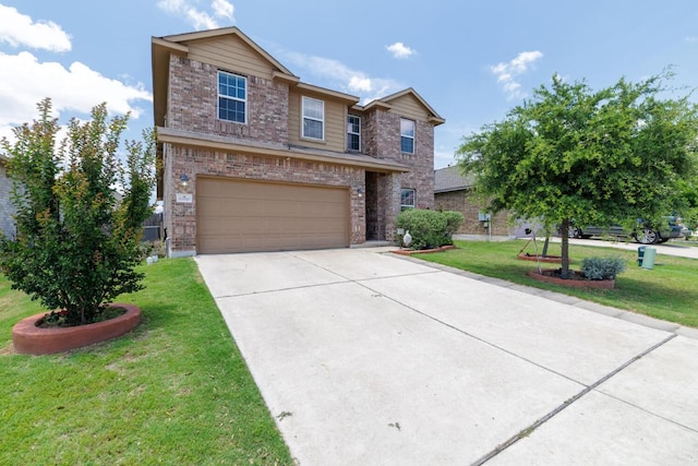 17020 Lathrop Ave, Pflugerville, TX 78660 - traditional home featuring brick siding, an attached garage, concrete driveway, and a front yard