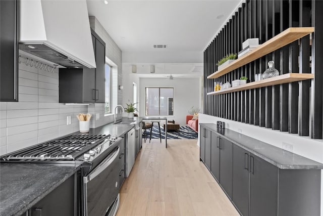 700 Denson Dr Unit 2101, Austin, TX 78752 - kitchen with appliances with stainless steel finishes, custom range hood, light wood-style floors, tasteful backsplash, and a sink