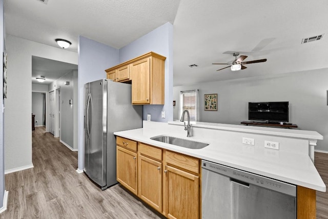 1803 Wallin Loop, Round Rock, TX 78664 - kitchen with stainless steel appliances, a sink, a peninsula, light wood-type flooring, and a ceiling fan