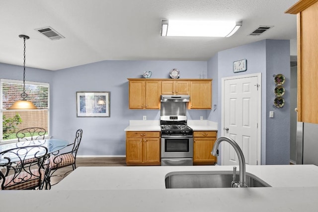 1803 Wallin Loop, Round Rock, TX 78664 - kitchen featuring stainless steel gas range oven, lofted ceiling, light countertops, baseboards, and a sink