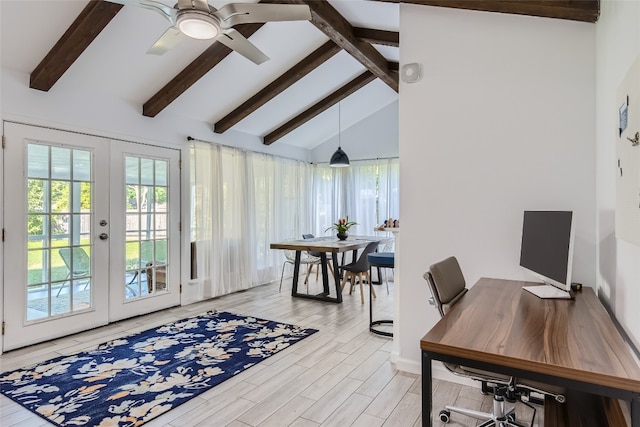 13301 Wisterwood St, Austin, TX 78729 - office with french doors, beamed ceiling, healthy amount of natural light, a ceiling fan, and light wood-style flooring