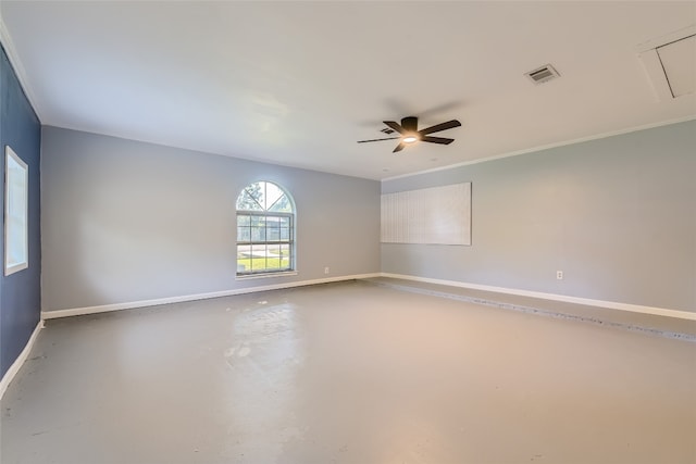 13301 Wisterwood St, Austin, TX 78729 - empty room featuring concrete floors, baseboards, ceiling fan, and attic access