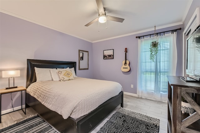 13301 Wisterwood St, Austin, TX 78729 - bedroom with light wood-style flooring, baseboards, crown molding, and ceiling fan
