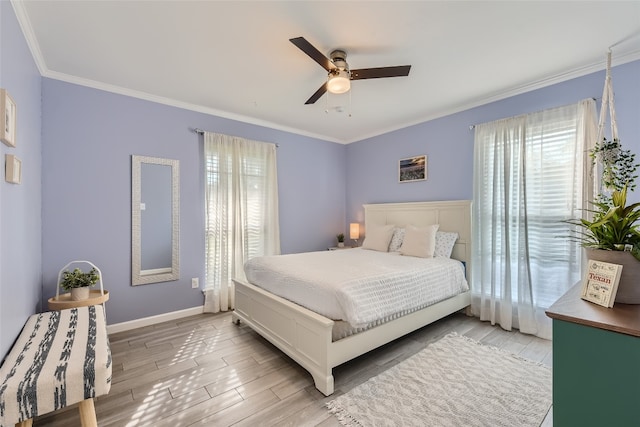 13301 Wisterwood St, Austin, TX 78729 - bedroom featuring ornamental molding, light wood-style floors, baseboards, and ceiling fan