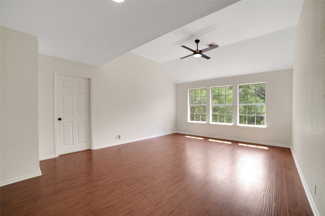 6601 Needham Ln, Austin, TX 78739 - unfurnished room with baseboards, lofted ceiling, dark wood-style floors, and a ceiling fan