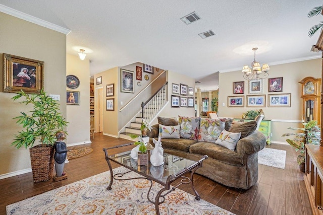 3502 Blackstone Run, San Antonio, TX 78259 - living room featuring stairs, crown molding, wood finished floors, a chandelier, and baseboards