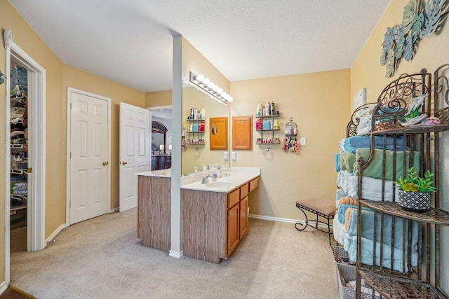 3502 Blackstone Run, San Antonio, TX 78259 - bathroom with vanity, baseboards, carpet flooring, a textured ceiling, and a walk in closet