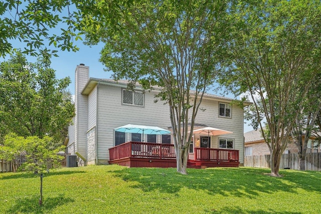 3502 Blackstone Run, San Antonio, TX 78259 - rear view of house featuring a chimney, central AC unit, and a wooden deck