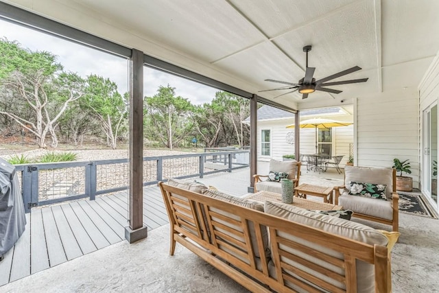 1174 Desiree St, Canyon Lake, TX 78133 - wooden terrace featuring an outdoor hangout area and a ceiling fan
