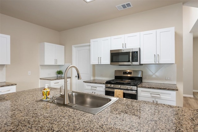 605 Silver Wing Dr, Austin, TX 78725 - kitchen featuring stainless steel appliances, a sink, white cabinetry, and stone counters