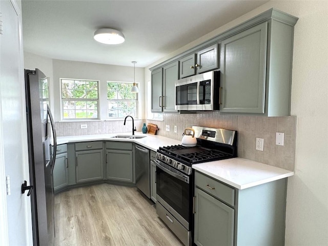 21017 Secretariat Ridge Ln, Pflugerville, TX 78660 - kitchen featuring appliances with stainless steel finishes, a sink, gray cabinetry, and light wood-type flooring