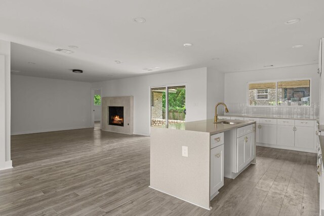 2101 Vanderbilt Ln, Austin, TX 78723 - kitchen featuring light wood-style floors, white cabinetry, open floor plan, an island with sink, and decorative backsplash