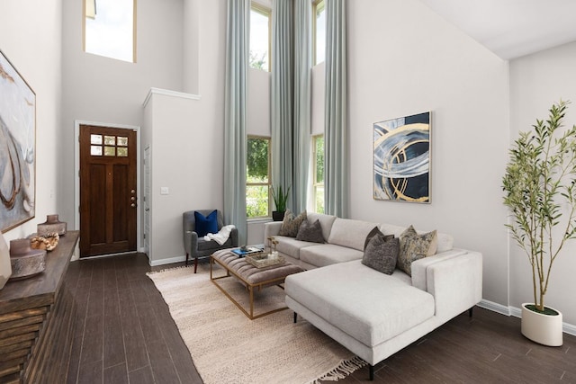 299 Diamond Point Dr, Dripping Springs, TX 78620 - living area with a towering ceiling, plenty of natural light, and dark wood-style floors