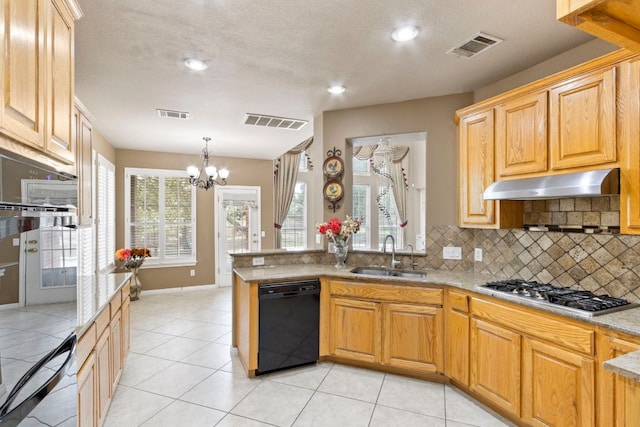 9501 Aire Libre Dr, Austin, TX 78726 - kitchen featuring black dishwasher, a sink, under cabinet range hood, gas cooktop, and decorative backsplash