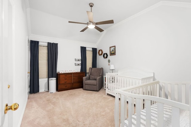 10833 Olympia Fields Loop, Austin, TX 78747 - bedroom featuring vaulted ceiling, carpet, a nursery area, crown molding, and ceiling fan