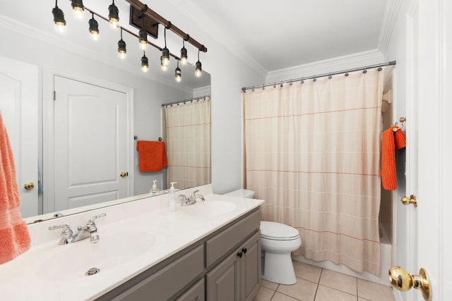 10833 Olympia Fields Loop, Austin, TX 78747 - full bathroom featuring crown molding, toilet, tile patterned floors, double vanity, and shower / bath combo