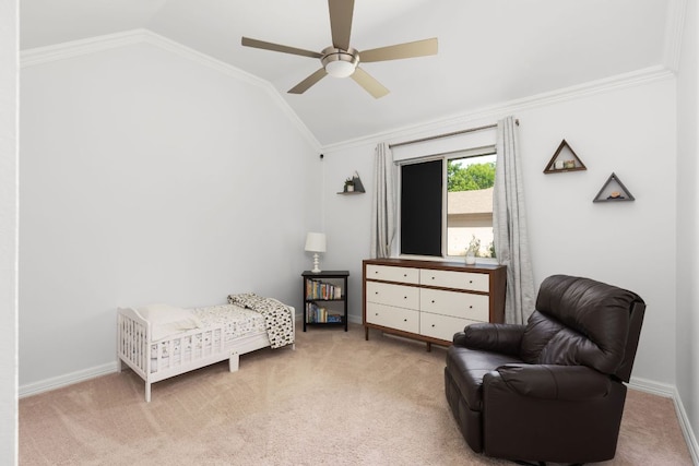 10833 Olympia Fields Loop, Austin, TX 78747 - carpeted bedroom with vaulted ceiling, ornamental molding, baseboards, and a ceiling fan
